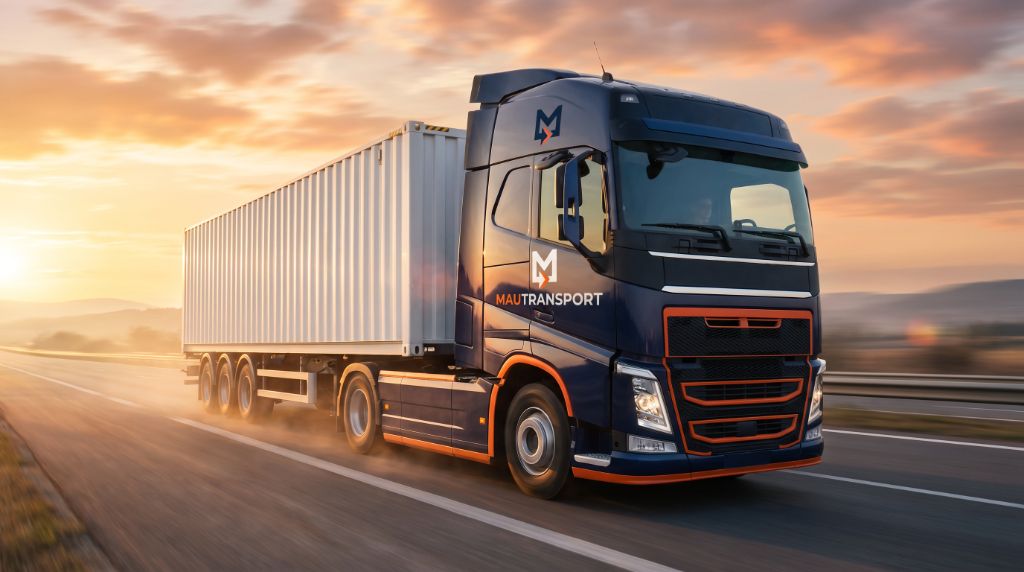 Camion MauTransport in viaggio su un corridoio europeo al tramonto